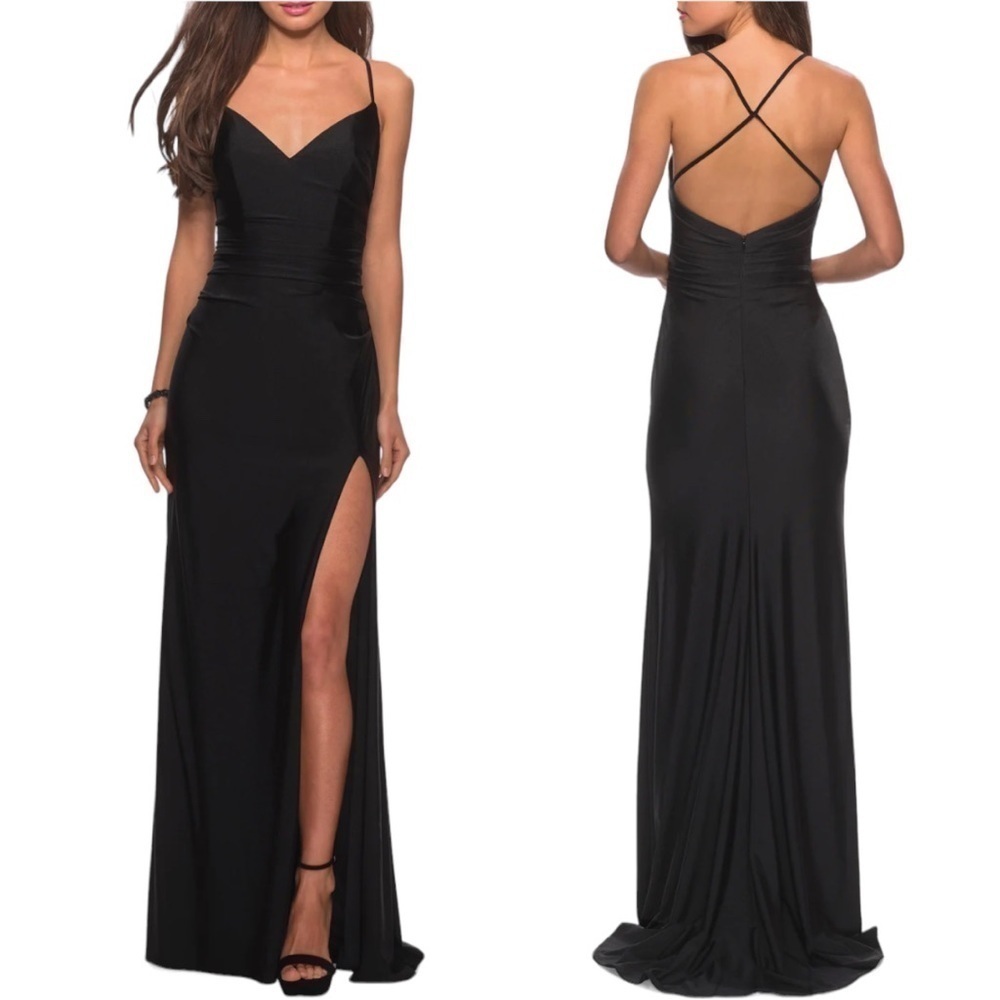 La Femme Black Cross Back Satin Jersey Trumpet Gown Size 6 - Picture 2 of 9